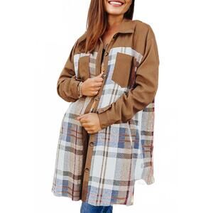 NEW 1 THE WOMAN plaid patch work long sleeve shirt mini fall dress in brown